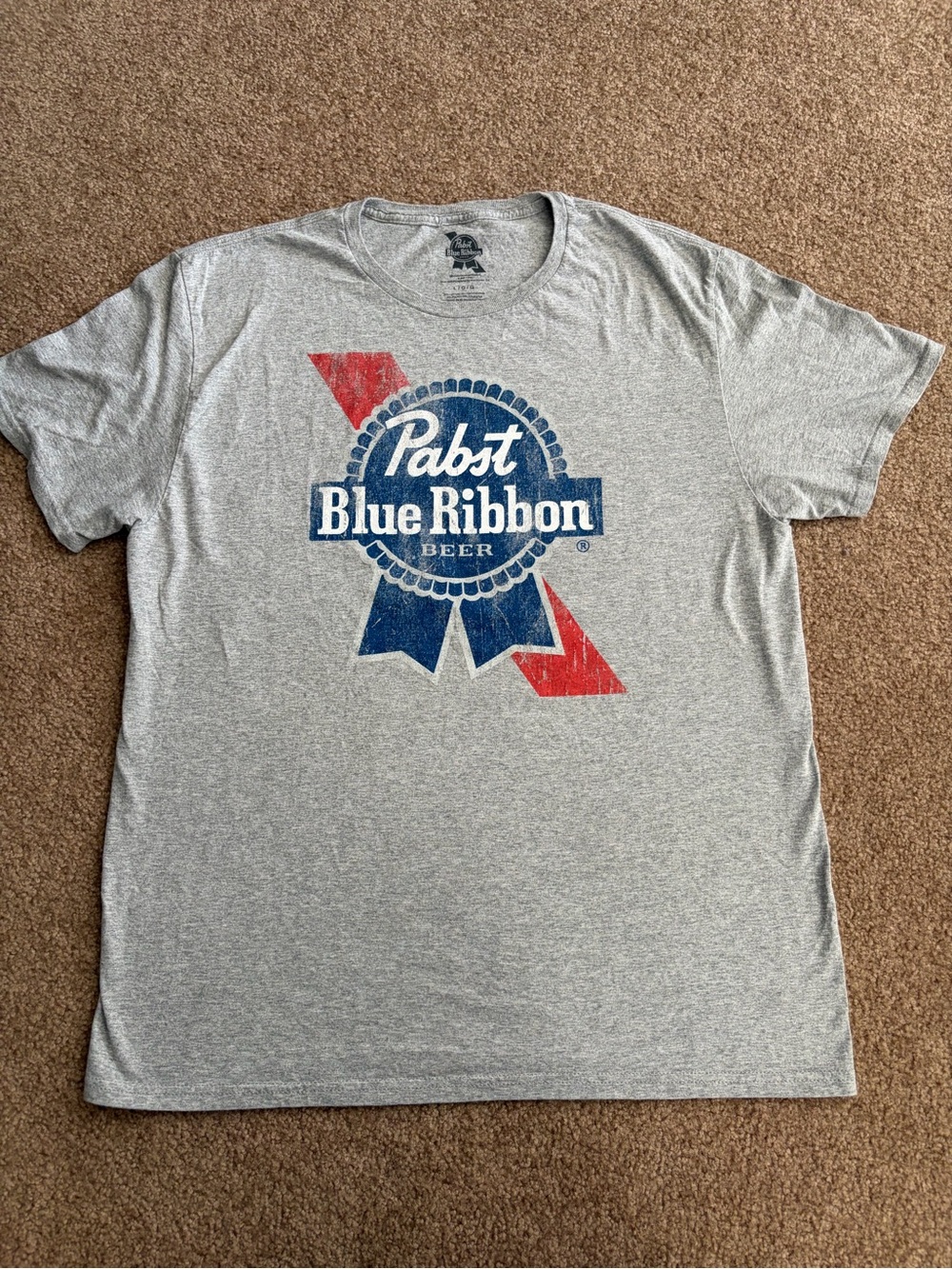 Gildan Gray Pabst Blue Ribbon Graphic Tee with Blue and Red Logo